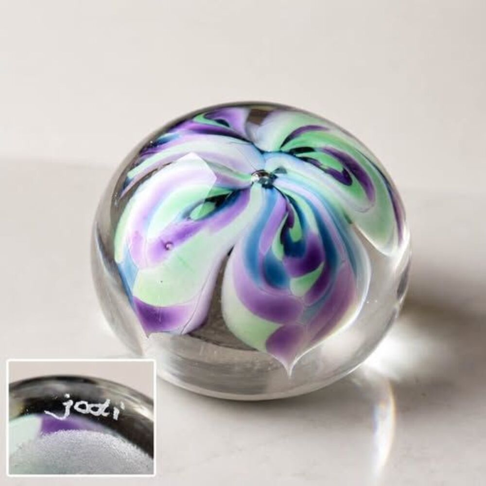 Signed Jodi Bove Hand Blown Art Glass Floral Paperweight 2” Rare Vintage